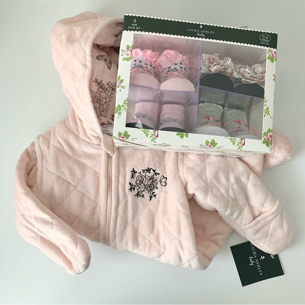 Laura Ashley Baby Hooded Coverall and Socks Bundle